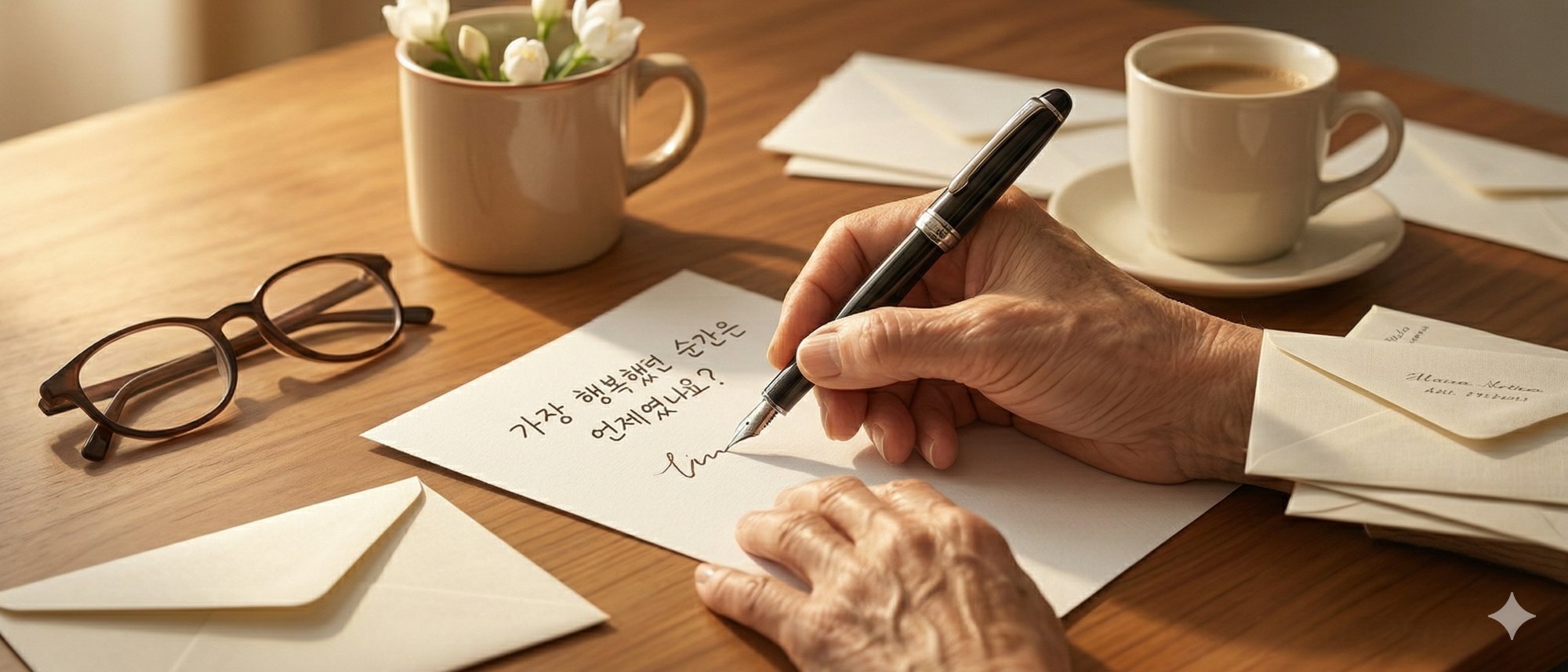 따뜻한 조명 아래 편지를 쓰는 손